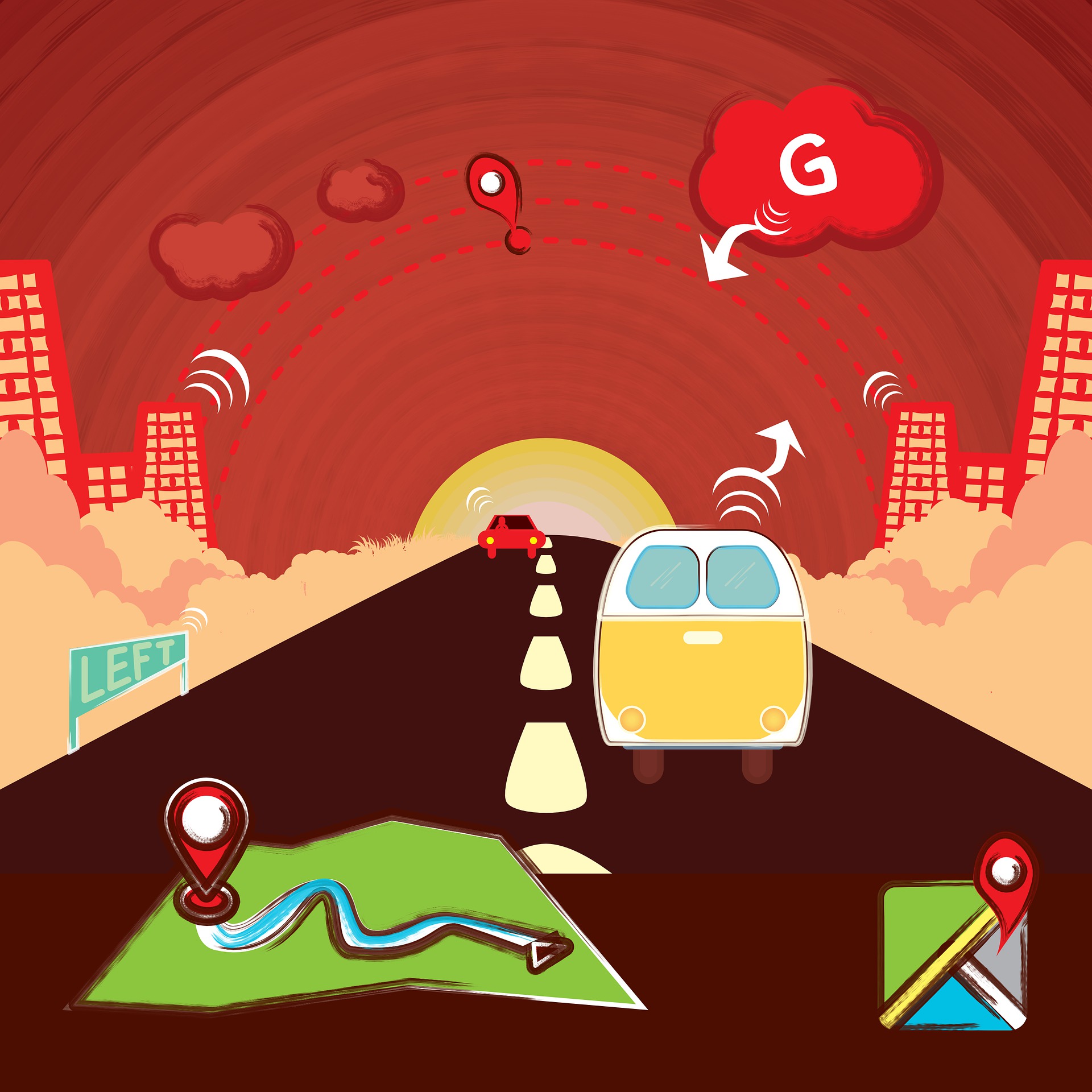 Illustration représentant une ville dans laquelle un van se déplace grâce à une carte interactive